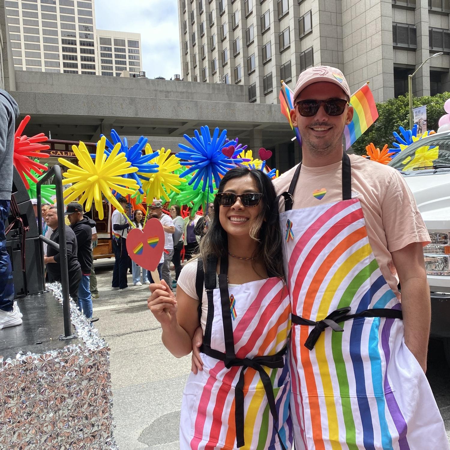 June 2023- Marching in the pride parade with Williams Sonoma, Aivi's company float, San Francisco, CA
