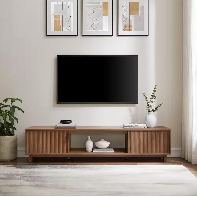 70 in. Mocha Wood Mid-Century Modern TV Stand with 2 Reeded Doors Fits TVs up to 80 in