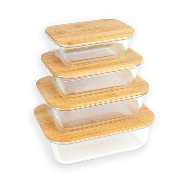 Cuisinart Glass Containers with Bamboo Lids - 8 Piece Rectangle Glass Food Storage Containers with Lids Set - Food Containers Keep Food Fresh, Perfect for Meal Prep and Kitchen Storage Organization