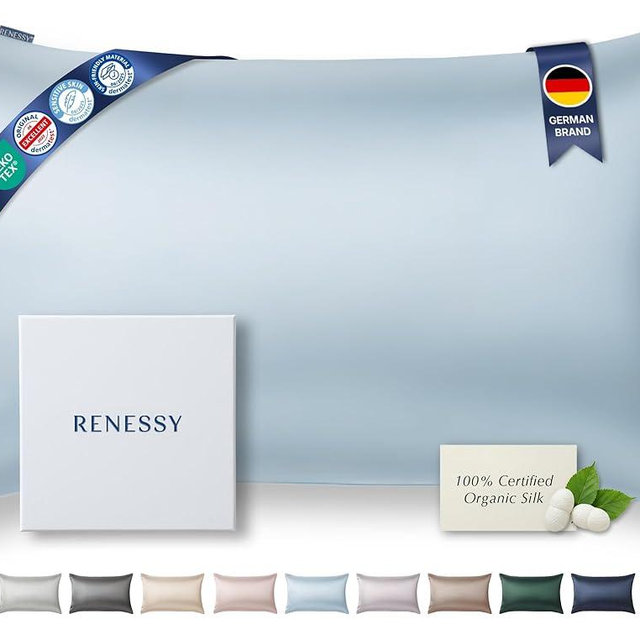 RENESSY Premium Silk Pillowcase 100% Organic Mulberry Silk, 22 Momme, Grade 6A - Oeko-Tex Certified in Germany - Luxury for Hair & Skin, 1 Piece (Queen Size 20x30 Inches, Cloud Blue)