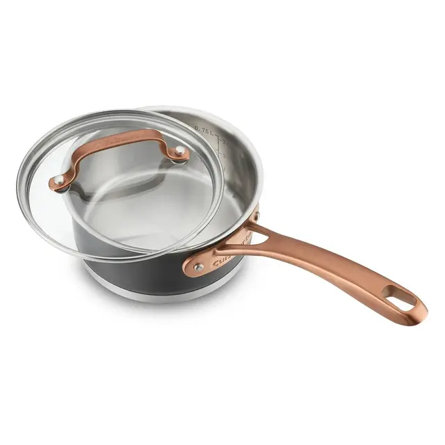 Cuisinart 1qt Matte Black Stainless Steel Sauce pan with cover Blush Bronze Handle: Small Saucepan with Lid, Even-Heating