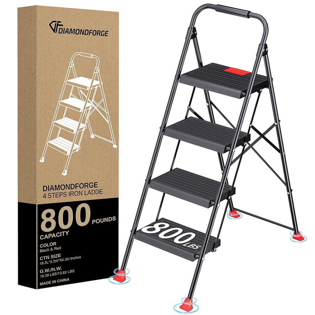 Step Ladder Foldable Folding Stool - for Home Adults Kitchen 4 Stepping Extension Tall Heavy Duty with Handrails - Closet Stepstool Stair Ladders Extendable Stepladder for Indoor House 800Lbs