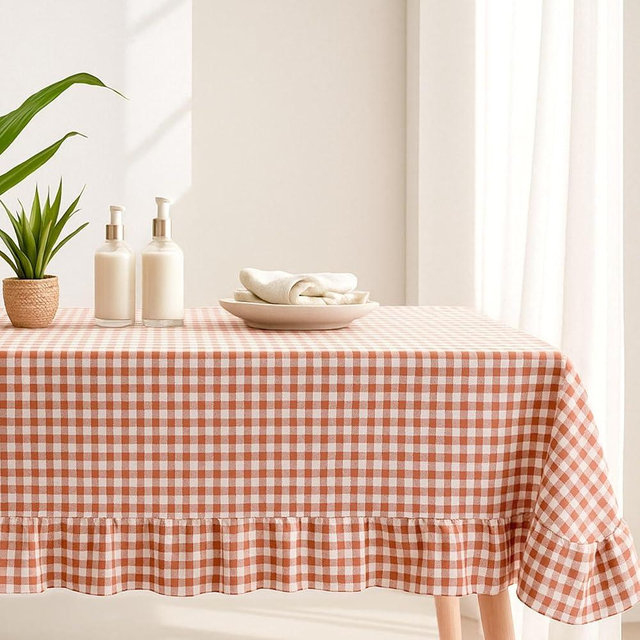 Mindsoft Brown Plaid Ruffled Table Cloth Cotton Linen Rectangle Gingham Tablecloth Classic Farmhouse Vintage Checkered Table Cover Buffalo Plaid Decorative for Home Holiday Party (70 x 52 Inches)