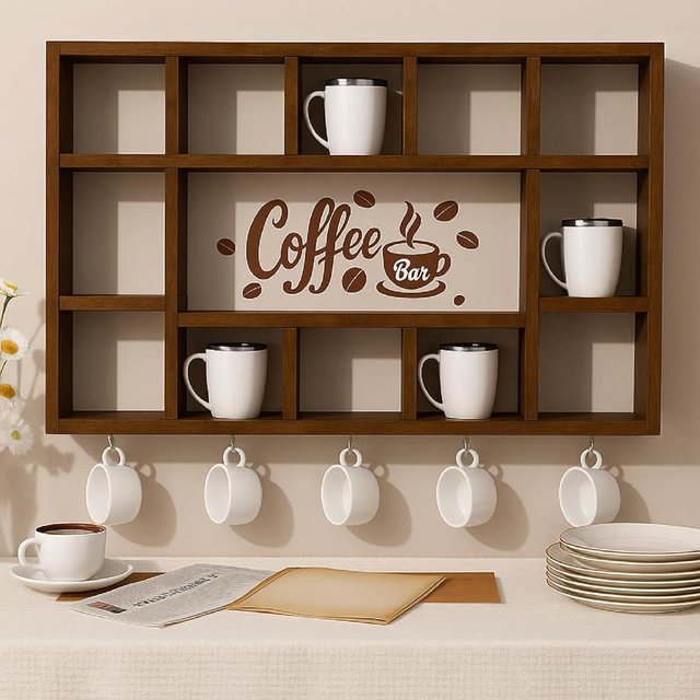 Cinnvoice Oversize Coffee Mug Display Shelf for Wall Wood Coffee Mug Rack Wall Mounted Shelf Cubes Cup Hooks Hanger with Bar Sign Decor for Kitchen Station Bar Accessories(Rustic Brown)