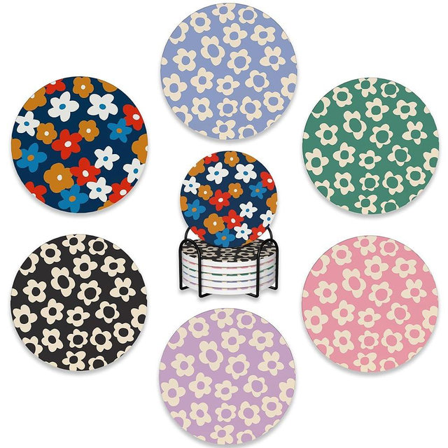 Drink Coasters Set of 6 with Holder,Vintage Flowers,Floral Pink Blue Green Purple Absorbent Ceramic Coasters with Cork Base,Fit All Cups,Tabletop Protection Mat for Mugs and Cups,Office,Kitchen
