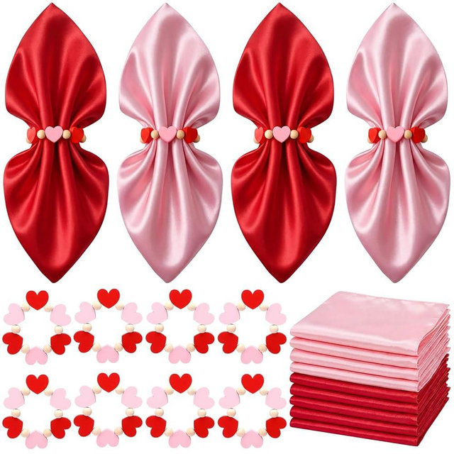 Qinyoung 8 Sets Valentine's Day Cloth Napkins and Heart Rings, Wooden Red Pink Napkins Rings Holders for Valentine's Day Wedding Anniversary Dinner Party Table Decoration