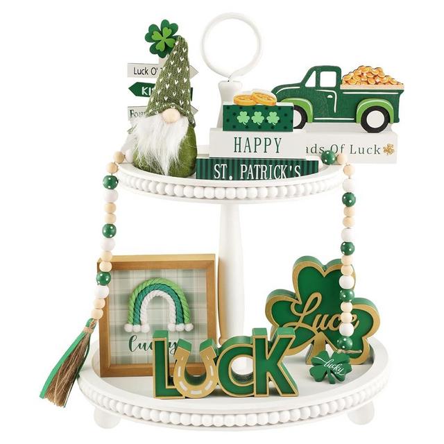 Bundle of Round White Wooden Tiered Tray Stand and 8 Pieces St Patrick's Day Tiered Tray Decor