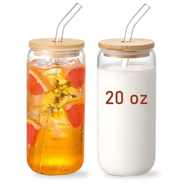 20 OZ Glass Cups with Bamboo Lids and Glass Straw - Beer Can Shaped Drinking Glasses Set, Iced Coffee Glasses, Cute Tumbler Cup for Smoothie, Boba Tea, Whiskey, Water, Gift - 2 Pack