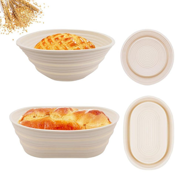 Cham-X Sourdough Bread Baking Supplies, Set of 2 Silicone Banneton Bread Proofing Baskets, 9 Inch Round & 10 Inch Oval Foldable Proofing Baskets, Optimum Sourdough Starter Kit (Beige)