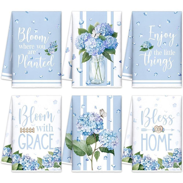 SmoothNovelty 6 Pcs Hydrangea Kitchen Towels Blue and White Spring Dish Towels 21.3 x 14.2 Inch Decorative Flower Hand Towel Decorative Hydrangea Tea Towel for Kitchen Bathroom Decor Housewarming Gift