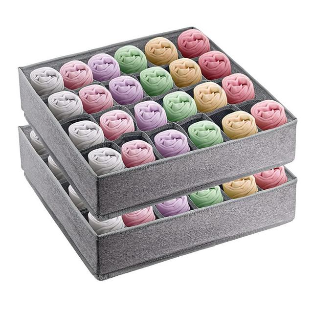 Socks Underwear Drawer Organizer Divider, 2 Packs 24 Cell Collapsible Cabinet Organizer Closet Organizer Storage Boxes for Clothes, Socks, Lingerie, Underwear, Ties (Gray)