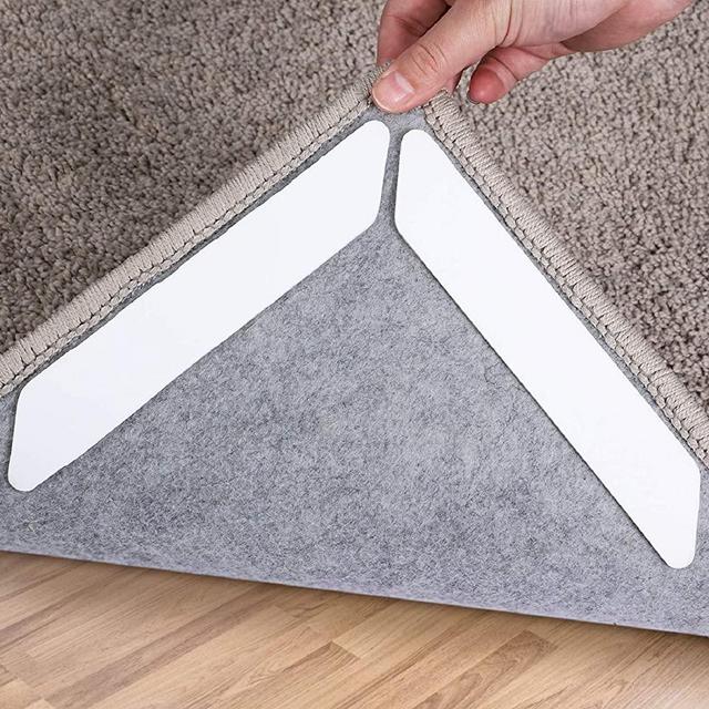Rug Grippers, 16 pcs Double Sided Washable Removable Anti Curling Corner Carpet Gripper , Non Slip Adhesive Rug Tape for Hardwood Floors and Tile (Pearl White)