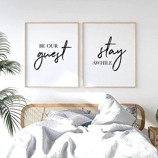 Be Our Guest Sign Wall Decor for Guest Room Minimalist Wall Art Stay Awhile Signs for Home Decor Modern Canvas Prints Black and White Poster for Livingroom Wall Decor Set of 2(12x16 Inch) Unframed