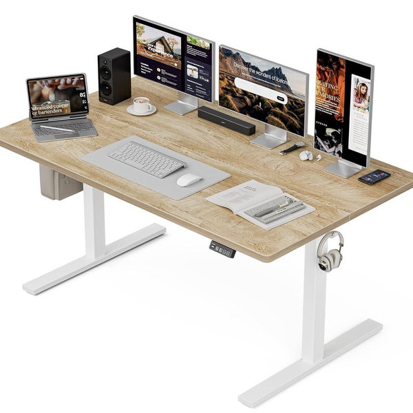 Grandder 55x32 Large Electric Standing Desk, Height Adjustable Computer Desk with 2 Memory Presets, 31.5" Deep Desktop Sit Stand Desk Home Office Desk Workstation Table with Hooks, Oak