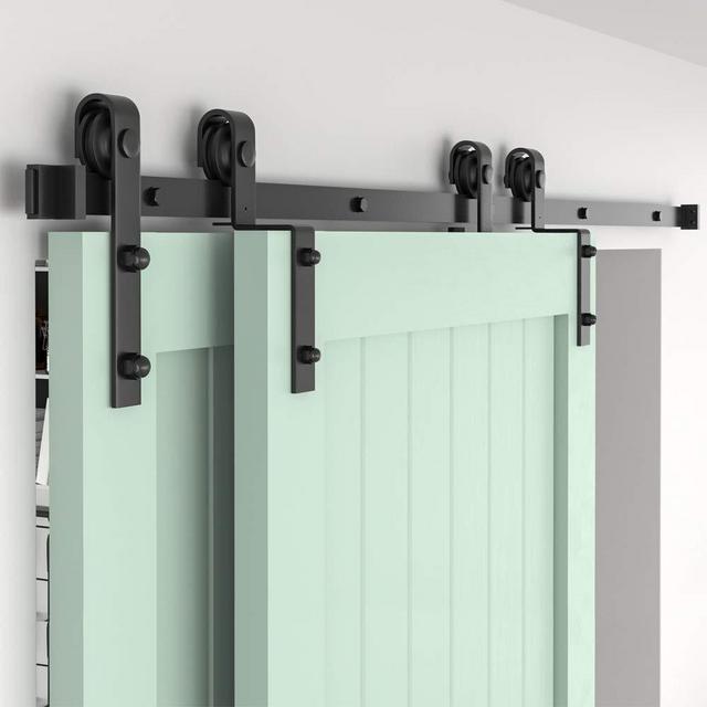 ZEKOO 9ft Bypass Sliding Barn Door Hardware Kit, Single Track, Double Wooden Doors Use, Flat Track Roller, Low Ceiling