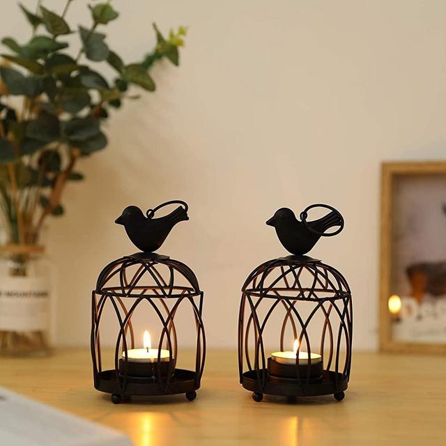 JHY DESIGN 2 Pack Bird Top Small Metal Candlestick Holder Hanging Birdcage Tealight Lantern Decorative Candle Holders for Table Wedding Party Valentine Patio Indoor Outdoor Gifts(Black)
