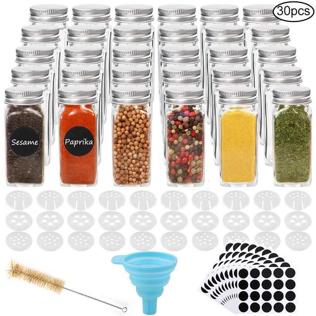 CUCUMI 30pcs 4oz Glass Spice Jars Square Glass Bottles with 30pcs Shaker Lids 1pcs Silicone Collapsible Funnel 200pcs Blank Round Waterproof Labels 1pcs Test Tube Brush