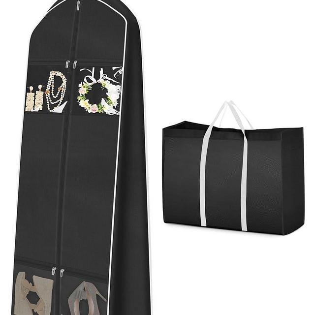 MISSLO Portable 65" Wedding Dress Garment Bag with Bride Tote Bag 8'' Gusseted Dress Bags for Gowns Long 4 Pockets Dress Cover for Women, Black