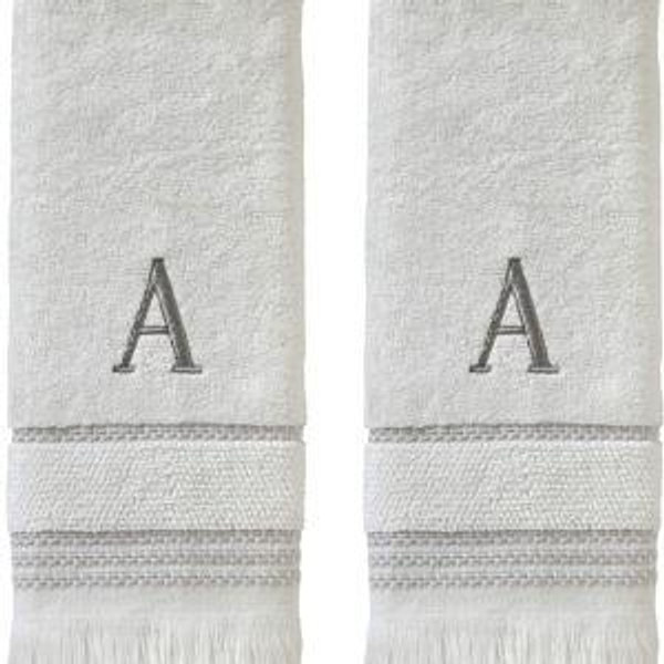 SKL Home Casual Monogram Hand Towel Set, A, 16x26, White 2 Count