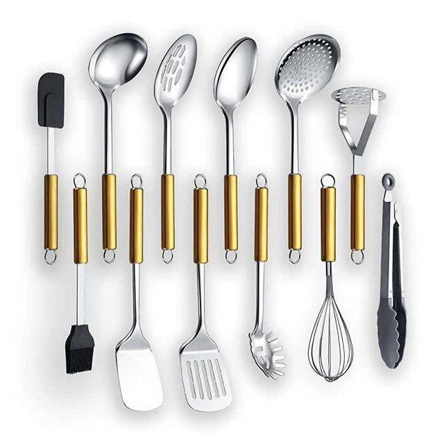 Cooking Utensil Set 12 Piece, Kyraton Stainless Steel Gold Handle Kitchen Utensil Set Kitchen Tool Set Include Cooking Spoon, Ladle, Skimmer, Potato Masher, Spatulas ect. (12pcs)