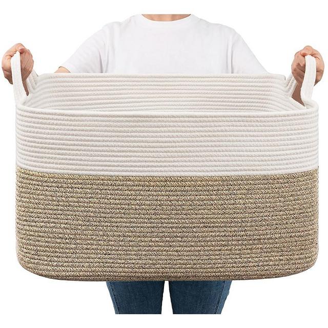 Goodpick Large Blanket Basket, Woven Basket for Storage Rectangle Dirty Clothes Basket for Laundry, Living Room, Nursery, Bedroom Rope Storage Basket for Blankets, Toys, 21.6" x 14.9" x 11.8", 65L