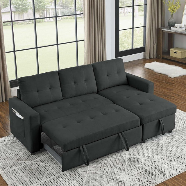Mofolit 78.5" Sleeper Sofa Bed Reversible Sectional Couch with Storage Chaise and Side Storage Bag for Small Space Living Room Furniture Set (Black)