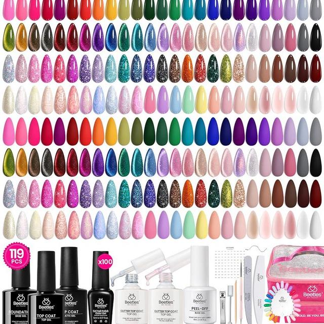 Beetles Gel Nail Polish Set, 119 PCS 100 Colors Gel Polish Kit Base Glossy Matte Glitter Top Coat Gel Polish Pastel Glitter Pearl Cat Eye White Red Pink Nude Green Blue Gel Valentines Gift for Women