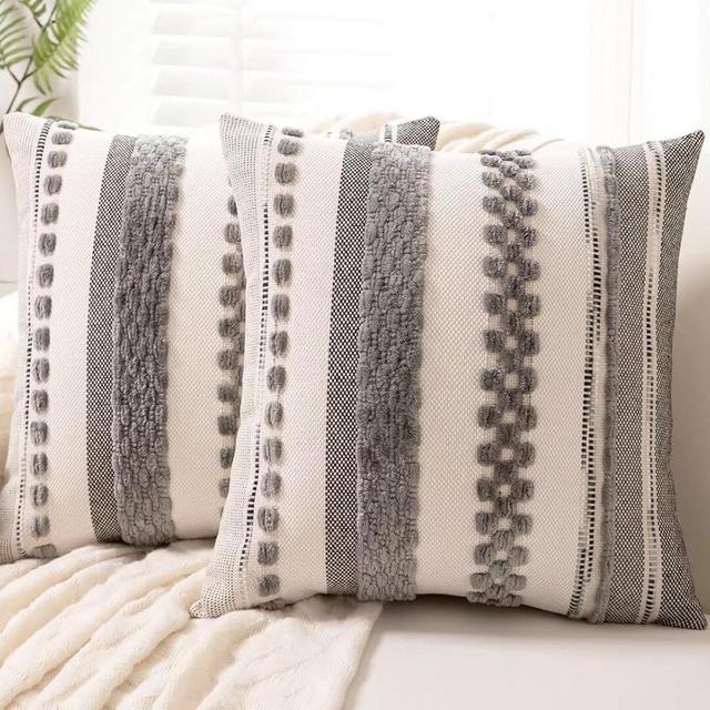 WANLIRD Boho Throw Pillow Covers 18x18 Set of 2 Farmhouse Decorative Cushion Case Striped Square Pillows Cover Chenille Pillow Cases Accent Neutral Pillowcase for Sofa Couch Bed,Gray