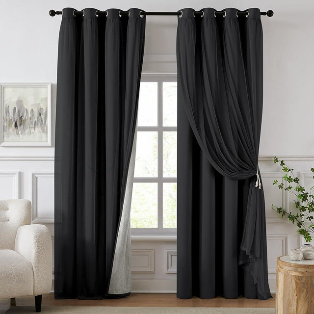 Swandream 100% Blackout Curtains for Bedroom, Double Layer Black Curtains, Black Out Curtain 84 inch Long with Sheer Overlay for Living Room, Room Darkening Window Drapes with Grommet, 52" W x 84" L