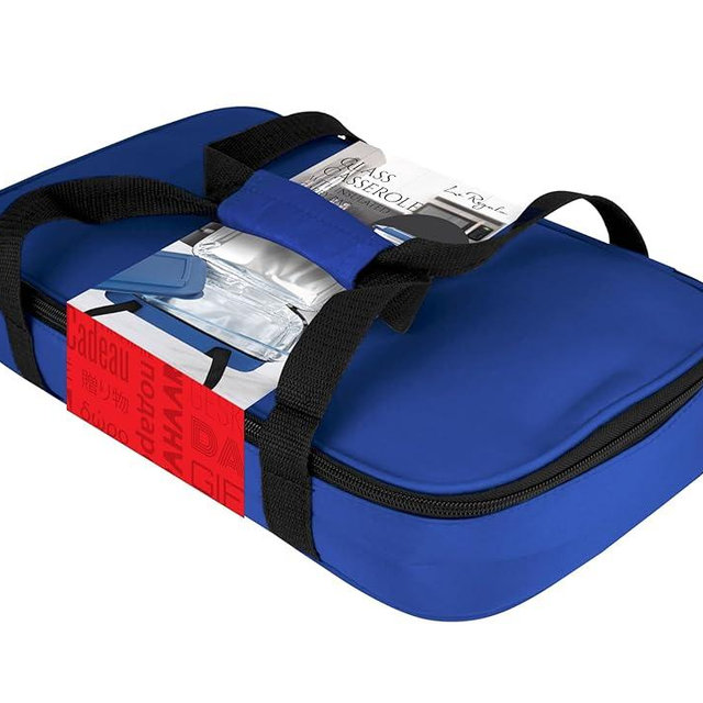 Le Regalo HW1218 Glass Casserole with Insulated Bag, Ideal for Picnic, Potluck, Hiking & Beach Trip-Retains Hot and Cold Temperature of Food, Overall Size 13.75"x 8.5"x 2.5" - Blue