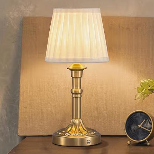 Cordless Portables Table Lamp, LED Fabric Shade Small Desk Lamps, 4000mAh Battery Powered Lighting, 2700K Stepless Dimmable Light for Living Room, Dining Room, Bedroom, Bedside (Gold)