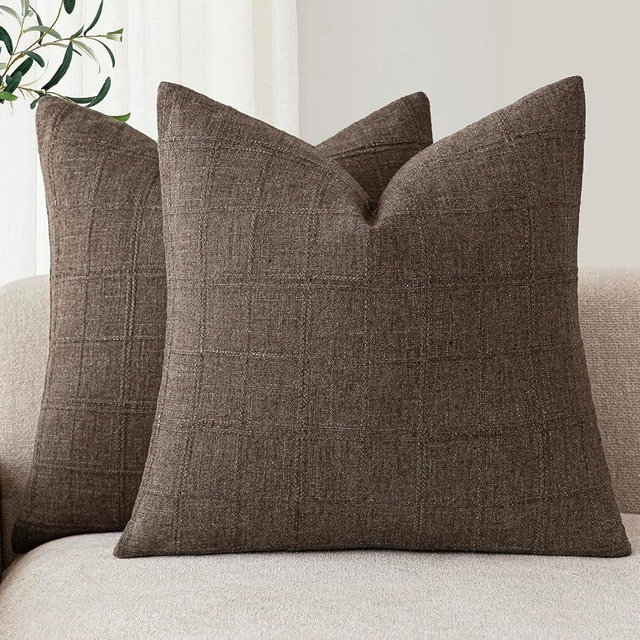 Foindtower Set of 2 Decorative Linen Check Throw Pillow Covers Neutral Farmhouse Vintage Cushion Covers Modern Boho Home Decor for Sofa Chair Couch Bedroom Living Room Outdoor,24×24 Inch,Dark Brown