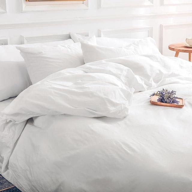 NEXHOME PRO Duvet Cover Set 100% Washed Cotton Oversized King 120"x98" Linen Feel Textured Organic Natural 3 Pieces Bedding Set with Zipper Closure and Corner Ties, Breathable(White, No Comforter)