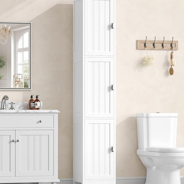 Zeibospri Tall Narrow Bathroom Storage Cabinet, 3-Tier Slim Storage Cabinet with Adjustable Shelves and 3 Doors, Linen Cabinet for Bathrooms, Living Room, Laundry Room, Kitchen, White
