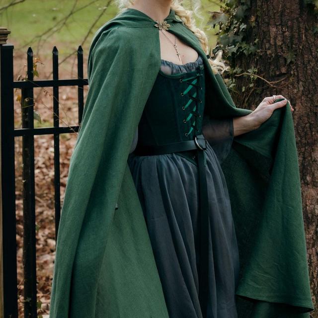 Green Linen Renaissance Cloak | Dark Green Forest Linen Cloak Medieval Hobbit Cape Cosplay Witch Wizard LARP Fairy Elf