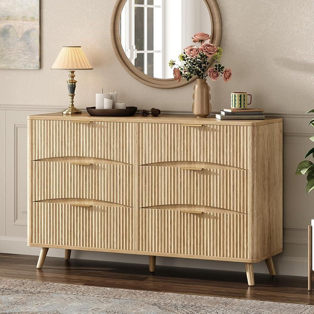 Evermagin 55" Wide Fluted 6 Drawer Dresser, Mid Century Modern Curved Dresser, Light Wood Chest of Drawers for Bedroom, Living Room and Entryway, Natural Oak