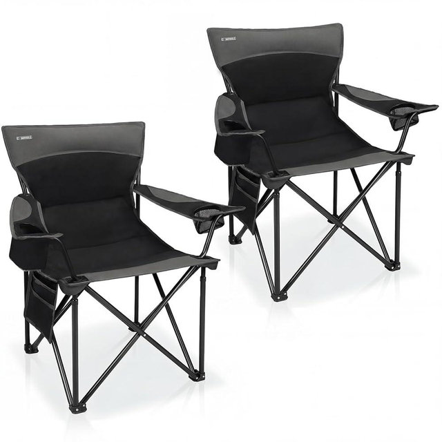 Oversized Camping Chair for Adults - 2 Pack Padded Lawn Chairs with Cup Holder & Side Pocket,Heavy Duty Folding Outdoor Chairs for Camp,Sports,Picnic,Beach,Black