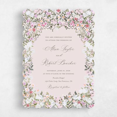 Pink Scalloped Wedding Invitation - Garden Gate Portrait