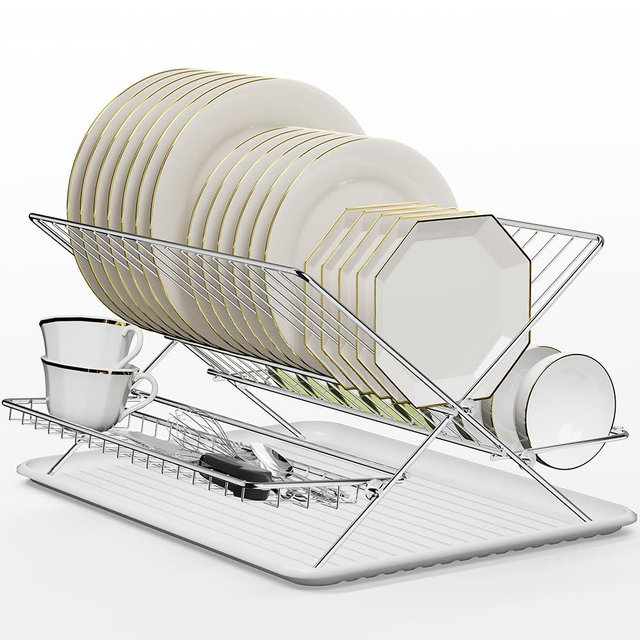 TABABAO Dish Drying Rack with Drip Tray, 3 Tier Collapsible Stainless Steel Dish Drainer, Plate Rack Holder for Kitchen Counter, Folding Dish Rack for Kitchen Sink, Countertop,Cutlery, Plates, Dishes