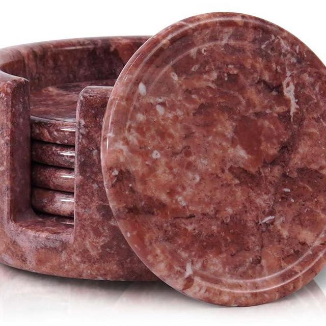 Radicaln Marble Coaster Set with Holder 3.5'' Inches Red Marble Handmade Round Drink Coasters for Home Decor Coasters for Drinks Used in Coffee Table & Dining Table and Kitchen Counter