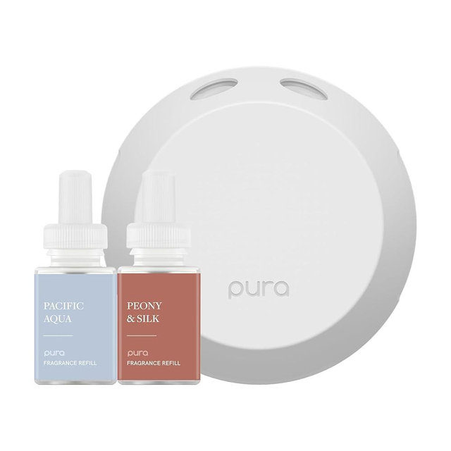 Pura - Smart Home Fragrance Device Starter Set - Pura 4 - Scent Diffuser for Home - Includes Fragrance Aroma Diffuser - Square Box, Pacific Aqua and Peony & Silk Scent Refills