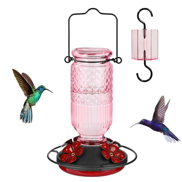 FEED GARDEN Glass Hummingbird Feeders for Outdoors, 16 OZ Pink Hummingbird Feeder with 4 Bee Guard Feeding Ports & Built-in Ant Moat, Humming Bird Feeder, Gifts for Women Mom,1 Pack