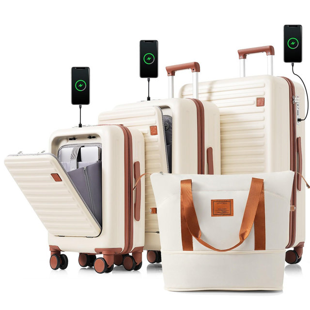 4pc ABS Hard Shell Luggage Sets, 20, 24, 28inch with Expandable Travel Bag, USB Port, Cup Holder and Spinner Wheels, Ivory 4S - ModernLuxe