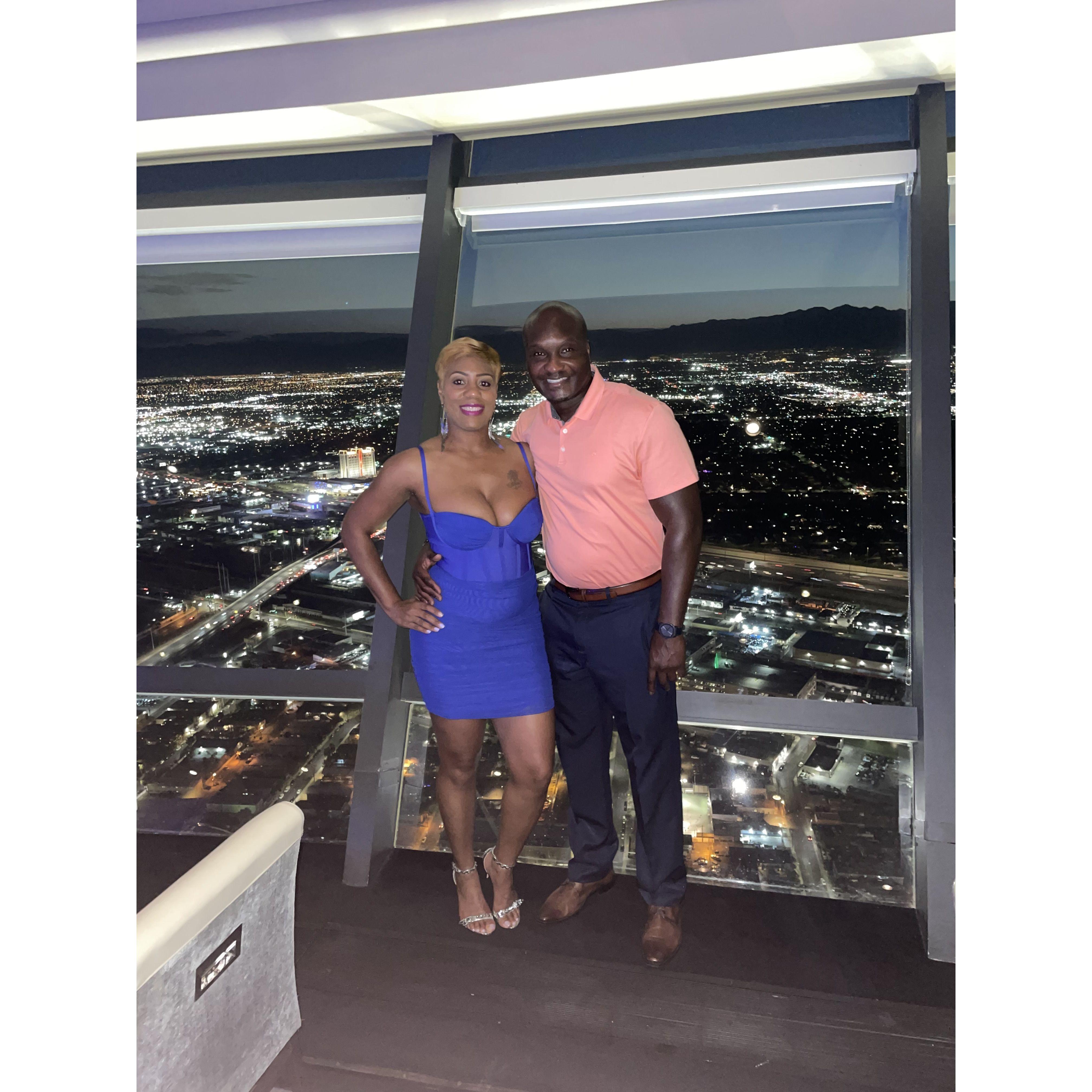 Celebrating Donita's birthday at Top of the World restaurant in Las Vegas