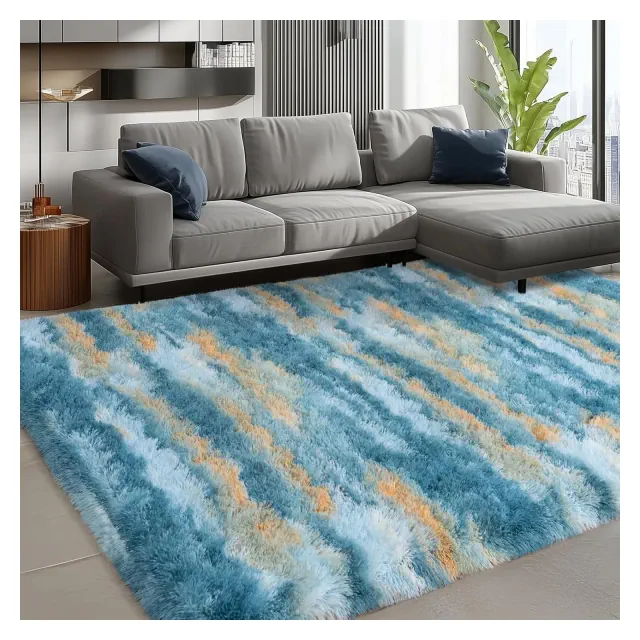 LOVEVOOK Abstract Blue Area Rugs for Living Room 9x12 Feet, Fluffy Shag Bedroom Rug, Modern Indoor Floor Carpet for Office Home Decor Aesthetic