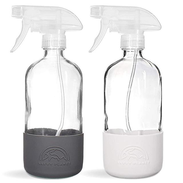 SAVVY PLANET Empty Clear Glass Spray Bottles with Silicone Sleeve Protection - Refillable 16 oz Containers for Cleaning Products, Essential Oils, Misting Plants - Quality Sprayer - 2 Pack - Pastel