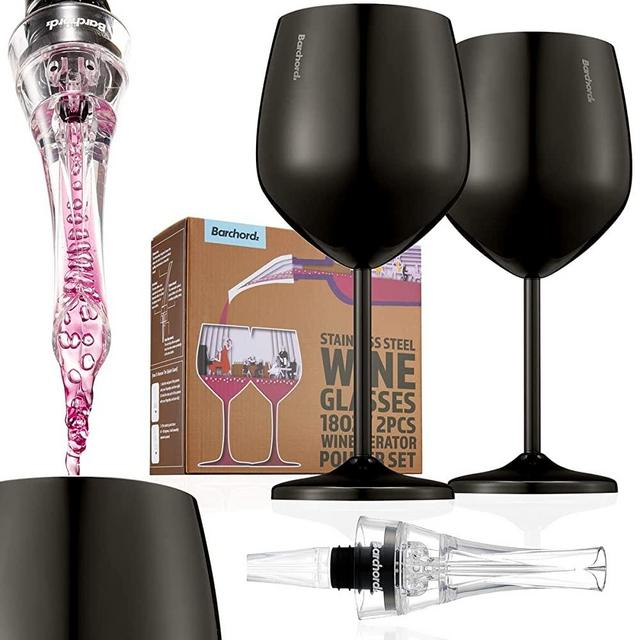 Barchordz 2 Premium Stemmed Stainless Steel Wine Glasses with Wine Aerator, 18oz (Black) - Gift Set of 2 Metallic Goblets - Unbreakable Fancy Wine Glass for Camping, Outdoor, Picnic