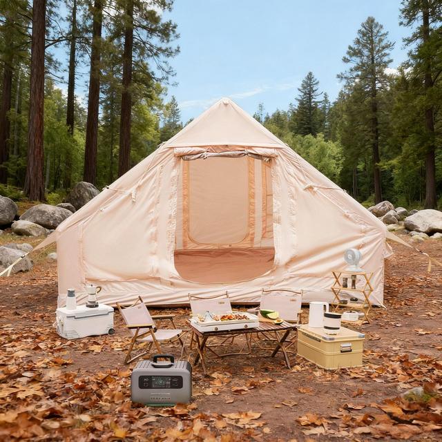 BAOURE 9.8ft x 6.8ft Inflatable Camping Tent with Chimney Window, 2-4 Person Air Glamping Tent, 4-Season Waterproof Windproof Blow Up Cabin Tent