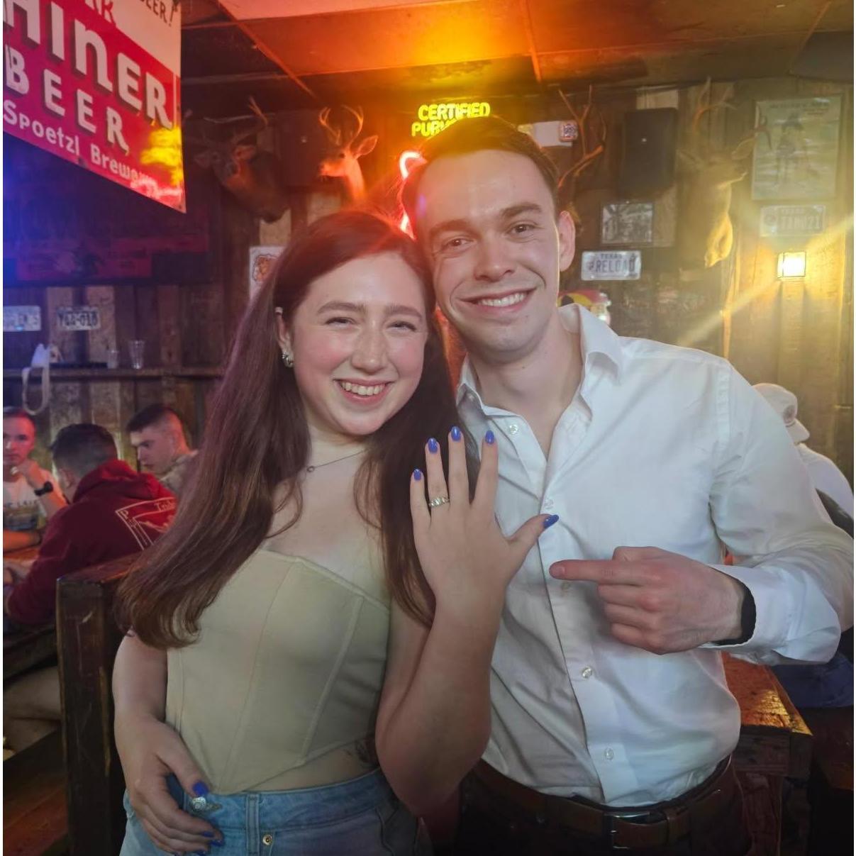 Taken at the Dixie Chicken in College Station, on the night Liam proposed to Leah.