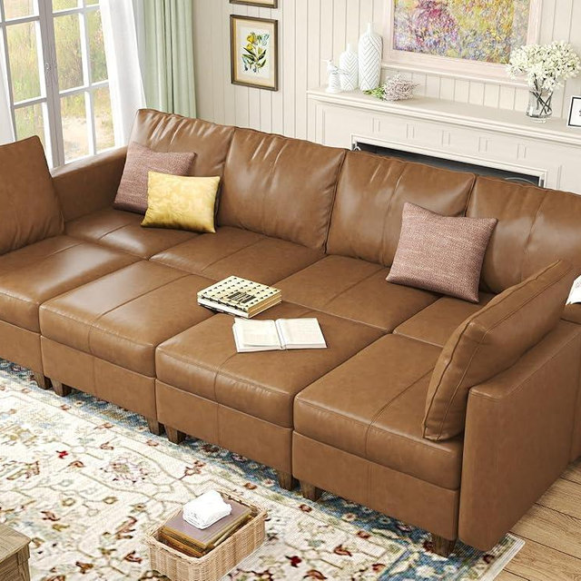 EASE MOOSE Modular Sectional Sofa Sleeper Couch with Storage, Faux Leather Large Moduar Sleeper Sofa Sectional Sofa Bed Modular Couch for Living Room Brown